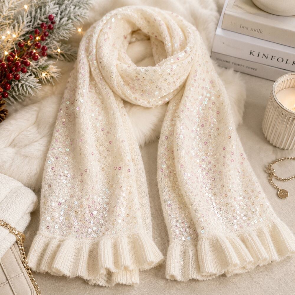 Cream Sequin Knit Scarf Soft Sparkle Ruffle Fringe Winter Wrap Cozy Ivory